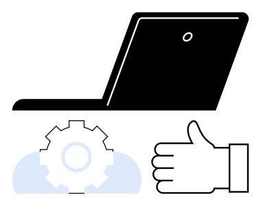 Bilgisayar, dişli mekanizması ve teknolojiyi, otomasyonu, başarıyı ve onayı vurgulayan el işareti. Verimlilik, yenilik, takım çalışması üretkenlik uygulaması tasarım sektörü için ideal