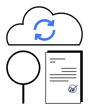 Senkronize oklu bulut, imzalı belge, büyüteç. Veri depolama, belge düzeltme, doğrulama, analiz, dijital iş akışı, yasal gözden geçirme düz metaforu için ideal