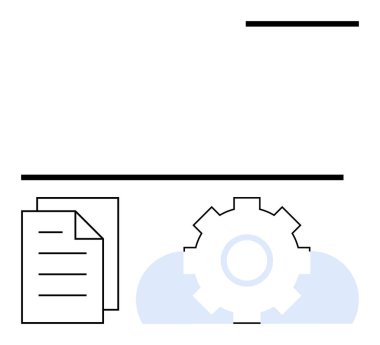 Üzerinde ince bir bulut elementi olan bir dişlinin yanına istiflenmiş kağıtlar. İşlem yönetimini, teknoloji entegrasyonunu ve bulut çözümlerini gösteriyor. İş akışı, otomasyon, bulut hesaplama, teknoloji, veri için ideal