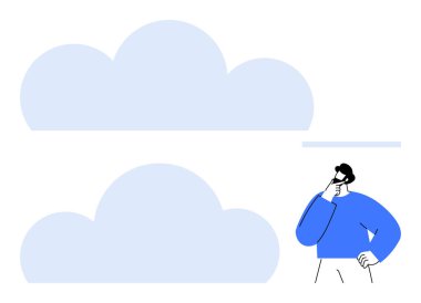 Mavi giyen adam ışık bulutlarının yanında kafa yoruyor, fikirler öneriyor, beyin fırtınası, yaratıcılık, problem çözme, yenilik, karar verme, kavramlaştırma. Düz basit metafor için ideal