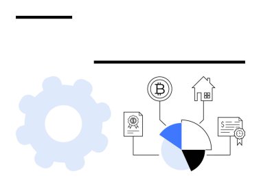 Dişliler, turta grafiğine bağlı olarak işlem akışını temsil ediyor. Gayrimenkul, kripto para ve sertifikalar. Finans, engelleme zinciri, analitik, yatırım, gayrimenkul planlama verileri için ideal. Düz