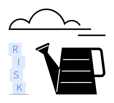 Watering can pouring over stacked Risk blocks under a cloud, symbolizing nurturing opportunities, managing uncertainty. Ideal for business strategy, risk assessment, growth, investment clipart