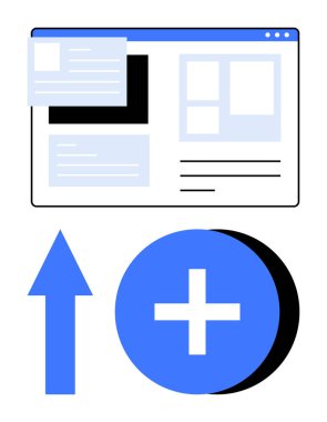 Izgara düzeni, yukarı doğru ok ve gelişmeyi, içerik oluşturmayı ve kullanıcı etkileşimini temsil eden dairesel ekleme düğmesine sahip web tarayıcı penceresi. Büyüme, tasarım, arayüz, üretkenlik eylemi için ideal