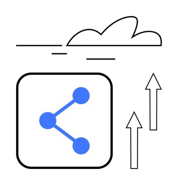 Bulut ana hatları yukarı doğru iki ok ile bağlı düğümlere sahip bir paylaşım simgesine işaret ediyor. Veri paylaşımı, dosya transferi, dijital iletişim, bulut depolama, teknoloji, bağlantılar, daire