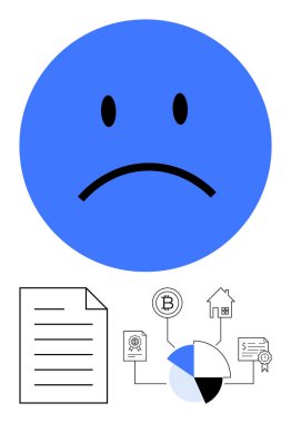 Kağıt üzerinde mavi üzgün yüz, çizelgeler, kripto, sertifika ve ev ikonları. Maddi sıkıntı, borç, iflas, yatırım kaybı duygusal etki analizi için ideal basit bir metafor.