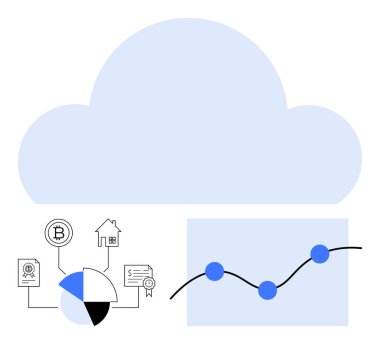 Turta grafiğinin üstündeki büyük bulut, kripto para birimleri, konutlar ve sertifikalar. Veri eğilimlerini gösteren çizgi grafiği. Teknoloji, finans, analitik, blok zinciri depolama yatırımı için ideal