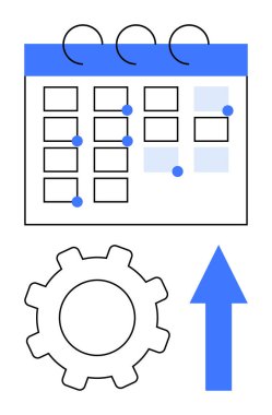 Dişli ve yukarı doğru ok işaretli olan takvim organizasyonu, verimliliği ve ilerlemeyi sembolize ediyor. Zamanlama, iş akışı, planlama, yönetim, üretkenlik, zaman çizelgesi optimizasyonu için ideal