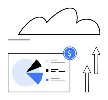 Bir pasta grafiği ve finans ikonu ile analitik raporun üzerinde bulut sunucusu, büyümeyi ön plana çıkaran iki ok. İş, teknoloji, finans, strateji, veri, girişimler için ideal, düz basit
