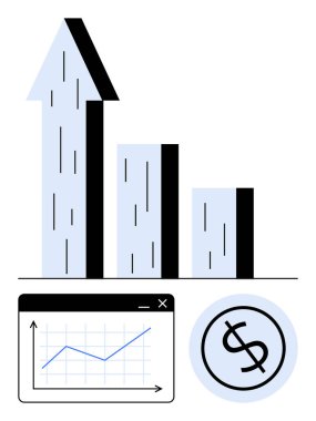Yukarı doğru eğimli ok çizelgesi, açık pencere panelinde çizgi grafiği, büyük para birimi çember simgesi. Finans, büyüme, yatırım, analitik, iş stratejisi, kâr planlama dairesi için ideal