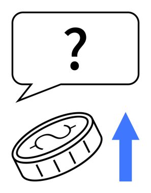 Dolar işaretli bozuk para, yukarı doğru mavi ok, soru işaretli konuşma balonu. Finans, yatırım, belirsizlik, büyüme, karar verme ekonomisi için idealdir. Düz basit metafor