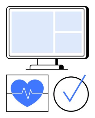 Asgari arayüzlü bilgisayar ekranı mavi kalp atış hızı monitörü ve işaretleme simgesi ile eşleştirildi. Sağlık, teknoloji, fitness, onay, tanı, sağlık, başarı için ideal. Düz basit