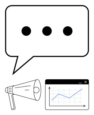 Elips, megafon ve iletişim, pazarlama, büyüme ve stratejiyi temsil eden yükselen trend çizelgesiyle konuşma balonu. İş için ideal, çevrimiçi varlık, reklam takım çalışması veri öğrenimi