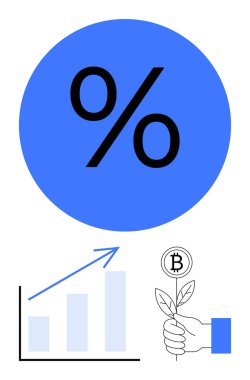 Büyüyen bir bar tablosu üzerinde yüzde işareti, kripto bozuk para fabrikası. Ekonomi, finans, yatırım, büyüme, dijital para, kripto para stratejisi için ideal. Düz basit metafor