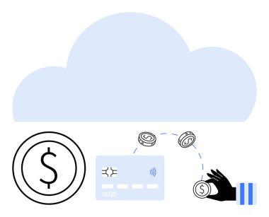 Bozuk para, kredi kartı ve bulut fonuyla el transferi. Finans, teknoloji, dijital ödeme, bankacılık, e-ticaret siber güvenlik fintech için ideal. Düz basit metafor