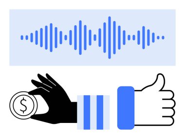 Siyah bir elin üstünde mavi bir ses dalgası deseni ve beyaz bir elin baş parmağı var. Ses markalaşma, podcast para, dijital ekonomi, geri besleme sistemleri, ses pazarlama, fintech