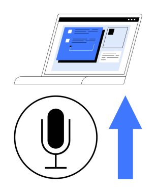 Dosyaları, mikrofon simgesini ve sesli mesajı, dosya paylaşımını veya veri girişini temsil eden yukarı doğru oku gösteren dizüstü bilgisayarları aç. Teknoloji, iletişim, üretkenlik, erişilebilirlik ağı için ideal