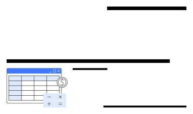 Satır ve sütunlarla masa arayüzü, dolar işareti ve hesap makinesi simgesi. Finans, bütçe, veri yönetimi, muhasebe, harcamalar, iş analizleri için ideal basit bir metafor