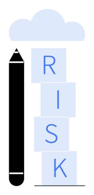 RISK 'i heceleyen bloklar kulesi, belirsizliği simgeleyen bulut altında kalemle sabitlenmiş. Strateji için ideal, karar verme, problem çözme, planlama, iş riski, yaratıcılık soyut çizgi