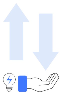 Ampulü yukarı ve aşağı doğru tutarak enerji transferini, güç akışını ve karar verme mekanizmasını sembolize ediyor. Enerji, ilerleme, yenilik, sürdürülebilirlik, vermek için ideal