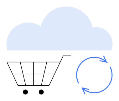 Mavi yuvarlak oklu bir bulutun altında alışveriş arabası. Çevrimiçi alışveriş, bulut depolama, sürdürülebilirlik, e-ticaret, verimlilik, otomasyon, minimalizm için ideal. Düz basit metafor