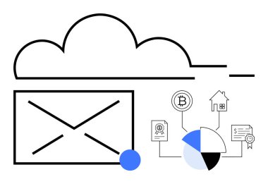Bulut, zarf, harita ve asgari çizgilerle birbirine bağlı blok zinciri simgeleri. Bulut hesaplama, e-posta, engelleme zinciri, finans veri analizi iletişim işbirliği için idealdir. Düz basit metafor