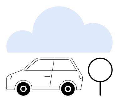 Ağacın yanında, üzerinde bulutlar olan, temiz çizgiler çizilmiş küçük bir araba. Konseptler için idealdir. Ulaşım, yolculuk, çevre, hava, sürdürülebilirlik, minimalizm, düz basit metafor