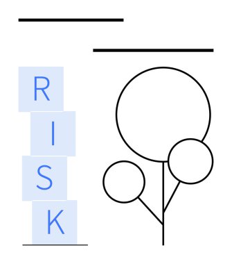 RISK 'i heceleyen mavi bloklar, daire ve çizgilerin basit bir ağaç dizaynının yanına istiflenmiş. Risk değerlendirmesi, strateji planlaması, karar verme, yenilik, büyüme, sürdürülebilirlik, soyut çizgi