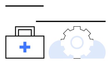 Üzerinde mavi haç olan tıbbi çanta bir ışık bulutunun üstünde. Sağlık yönetimi, teknoloji entegrasyonu, tıbbi yenilik, sağlık hizmetleri iş akışı, otomasyon, dijital sağlık, düz sadelik
