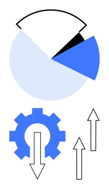 İş akışını sembolize eden bir dişlinin yanında turta şeması analizi ve ilerlemeyi temsil eden oklar. Analiz, büyüme, planlama, verimlilik, strateji, endüstri yeniliği için ideal. Düz basit