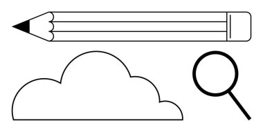 Kalem, bulut ve büyüteç yaratıcılığı, hayal gücünü ve keşfi simgeler. Öğrenme, yenilik, araştırma eğitimi tasarım analizi için ideal. Düz basit metafor