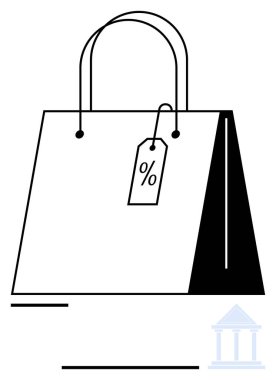 İndirim ve tekliflere işaret eden asma yüzdesi etiketli alışveriş torbası. Perakende, e-ticaret, alışveriş, promosyon, iş, pazarlama, tüketici faaliyeti için ideal. Düz basit metafor