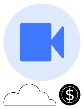 Mavi video kamera, bulut ve dolar işareti çevrimiçi video hizmetleri ve fiyatlandırma seçeneklerini vurguluyor. Medya, bulut depolama, finans, yayın, teknoloji pazarlama e-ticaret için ideal. Düz basit