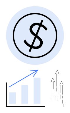 Mavi bir çemberde dolar işareti, yükselen bar tablosu ve gelişme ve gelişme için yükselen oklar. Ekonomi, yatırım, finans, başarı, iş büyümesi için ideal, kar sade metafor