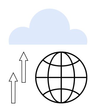 Yukarı doğru okları olan bir küre üzerindeki bulut silueti veri transferini, küreselleşmeyi ve internet tabanlı hizmetleri işaret ediyor. Teknoloji, iletişim, veri depolama, ağ oluşturma, küresel erişim için ideal