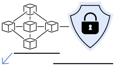 Bağlı bloklar, veri güvenliği kilidi olan bir kalkana bağlı bir engelleme ağını temsil ediyor. Siber güvenlik, engelleme zinciri, şifreleme, güvenlik, veri koruması, şeffaflık, daire için ideal