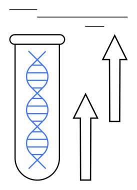 Test tüpünün içindeki DNA sarmalı yukarı doğru oklarla araştırmadaki ilerlemeyi simgeliyor. Genetik, bilim, tıbbi yenilik, araştırma geliştirme, biyoteknoloji, biyoloji, veri analizi için idealdir. Düz