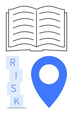 Bilgiyi sembolize eden açık bir kitap, RISK blokları istiflenmiş ve cesur bir lokasyon iğnesi öğrenme, risk yönetimi ve rehberlik fikirlerini iletir. Eğitim, strateji, planlama ve sorun çözme için ideal