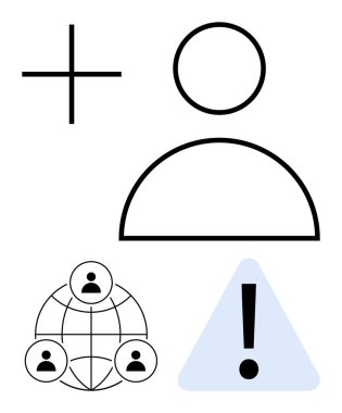 Kullanıcı, küresel insan ağı ve uyarı işareti eklemek için artı işareti olan büyük bir kullanıcı profili simgesi. Kullanıcı erişimi, takım yönetimi, bildirimler, biniş, alarmlar, bağlantı düzlüğü için ideal