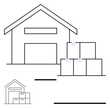 Tedarik zinciri, envanter, teslimat ve organizasyonu vurgulayan istiflenmiş kutularla dolu büyük bir depo. İşletme, lojistik, depolama, nakliye, yönetim planlaması için ideal basit