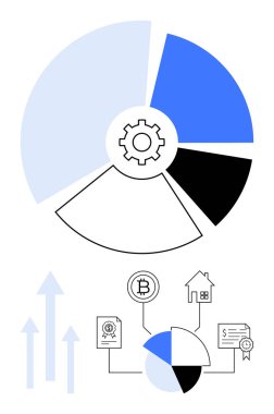 Kripto para birimi, belge, ev ve sertifika için ikonlara bağlı dişli süsleme şeması. Finans, yatırım, planlama ekonomisi büyüme yeniliği için idealdir. Düz basit