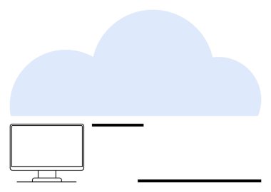 Masaüstü monitörü, sanal bağlantı ve veri depolamayı temsil eden büyük mavi bir bulutun altına bağlandı. Teknoloji, yenilik, depolama, iş akışı, bulut çözümleri, uzaktan çalışma, düz