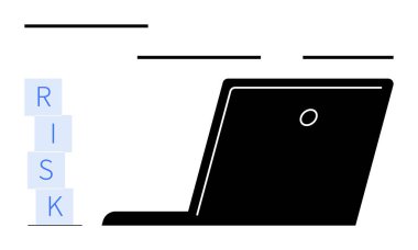 Yığılmış dizüstü bilgisayarın yanında RISK yazılıyor, dijital güvenliği, iş risklerini veya stratejiyi simgeliyor. Finans, karar verme, siber güvenlik, teknoloji, işletme yönetimi riski için ideal