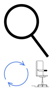 Büyüteç odağı vurguluyor, dairesel ok döngüleri sembolize ediyor ve ofis sandalyesi de iş ortamını gösteriyor. Yenilik, iyileştirme, üretkenlik, analiz, odaklanma ve araştırma için ideal