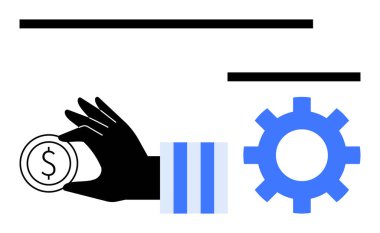 El emeği olan bozuk para, sağda mavi dişli tekerlek, koyu siyah ve mavi tasarım. Finans, ekonomi, iş süreci, yönetim, üretkenlik mühendisliği ve strateji için ideal. Düz basit