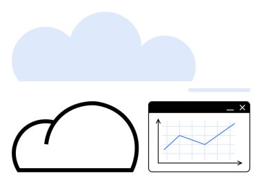 Artan bir çizgi grafiği gösteren tarayıcı pencereli büyük bulut şekilleri. Bulut hesaplama, veri analizi, iş büyümesi, teknoloji, dijital depolama, yenilik ve ilerleme için ideal. Düz basit