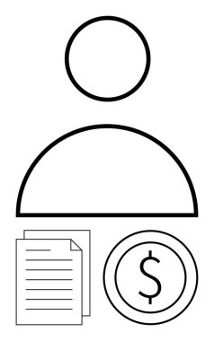 Kağıt ve para ile basitleştirilmiş kullanıcı silueti, işin, finans ve belge yönetiminin vurgulanması. Kişisel kimlik, hesap kurulumu, maaş bordrosu, kazanç, sözleşme dairesi için ideal