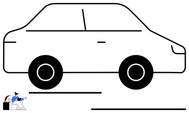 Elinde alet çantası olan, hareket halinde bir tamirci olan büyük bir arabanın taslağı. Otomotiv hizmetleri, onarım, bakım, ulaşım, araba kiralama, seyahat planlama ve sanayi iletişimi için ideal. Düz