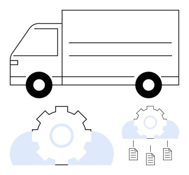 Kargo kamyonu bulutun içinde bir teçhizatın yanında aşağıda dökümanlar akıyordu. Lojistik, dağıtım, bulut hesaplama, dijital dönüşüm, tedarik zinciri, otomasyon, veri yönetimi için ideal. Düz