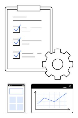 İşlem otomasyonu, akıllı telefon arayüzü ve gelişmeyi temsil eden grafik içeren görev listesi. Üretkenlik, iş akışı, analitik, strateji, organizasyon, teknoloji benimsenmesi için ideal