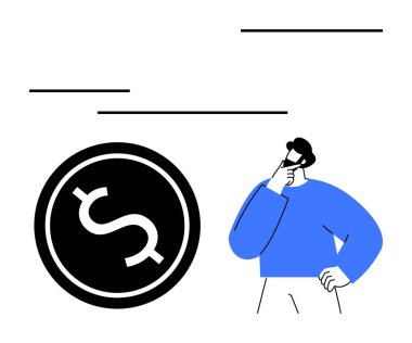 Büyük bir dolar işareti simgesinin yanında duran adam finans, bütçe ve ekonomik planlamayı sembolize ediyor. Para yönetimi, karar verme süreci, ekonomi, yatırımlar, strateji bütçesi için ideal